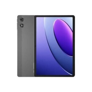 Tablet with a dark gray back and dual rear cameras, front-facing screen showing a purple-blue abstract wallpaper