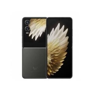 Foldable smartphone with a two-tone back and dual screens; rear triple-camera module in the top-left with a gold flower wallpaper.