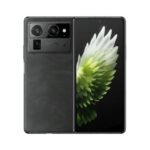 Foldable smartphone shown split open: front display with a green flower wallpaper and a rear panel with a multi‑camera module.
