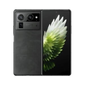 Foldable smartphone shown split open: front display with a green flower wallpaper and a rear panel with a multi‑camera module.