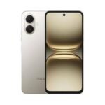 Silver Tecno smartphone shown from back and front: dual rear camera module on the top-left, and a nearly edge-to-edge display with a centered front camera.