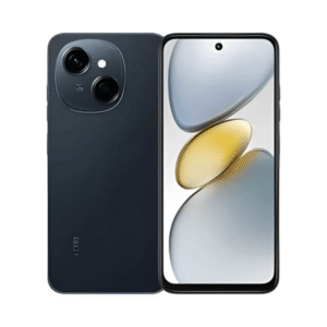 Back and front view of a dark blue smartphone with a dual rear-camera module on the back panel and a tall edge-to-edge display on the front
