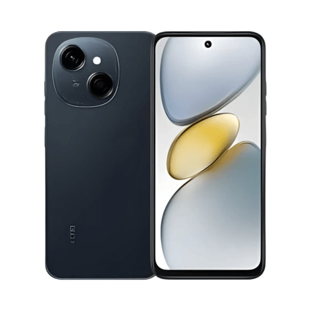 Back and front view of a dark blue smartphone with a dual rear-camera module on the back panel and a tall edge-to-edge display on the front