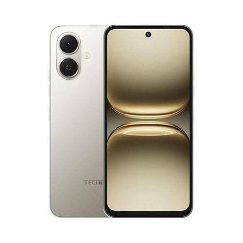 Silver Tecno smartphone shown from back and front: dual rear camera module on the top-left, and a nearly edge-to-edge display with a centered front camera.