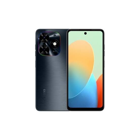 Front and back views of a modern smartphone: gradient blue back with a large square triple-camera module and a centered punch-hole display on the front.