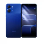 Blue Tecno smartphone shown from back and front, featuring a dual-camera module on the rear. Next to it is the front display with slim bezels.