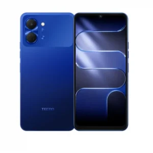 Blue Tecno smartphone shown from back and front, featuring a dual-camera module on the rear. Next to it is the front display with slim bezels.