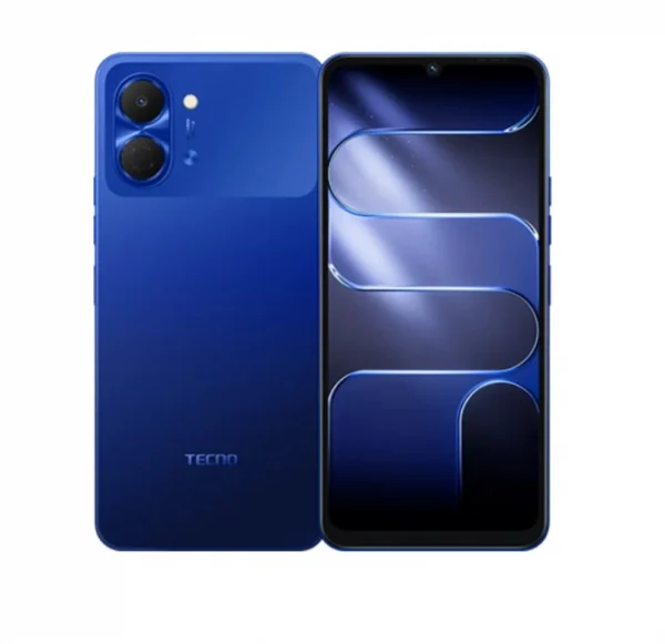 Blue Tecno smartphone shown from back and front, featuring a dual-camera module on the rear. Next to it is the front display with slim bezels.
