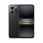 Black smartphone with a triple-camera module on the back and a full-bleed display.