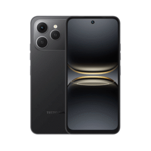 Black smartphone with a triple-camera module on the back and a full-bleed display.