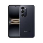 Front and back view of a dark blue smartphone with a triple-camera module on the back and a centered punch-hole front camera.