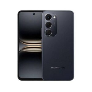 Front and back view of a dark blue smartphone with a triple-camera module on the back and a centered punch-hole front camera.