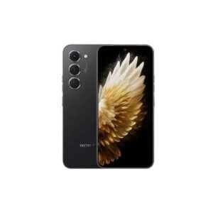 Black Tecno smartphone showing back with triple camera setup and front with golden flower wallpaper on display.