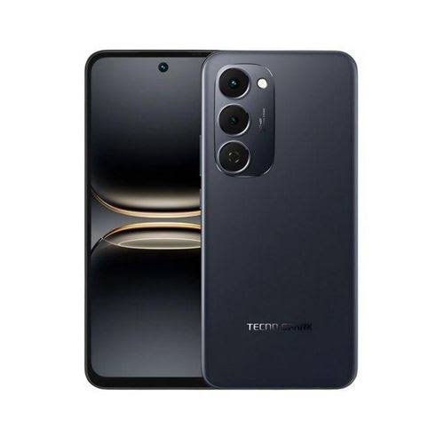 Front and back view of a dark blue smartphone with a triple-camera module on the back and a centered punch-hole front camera.