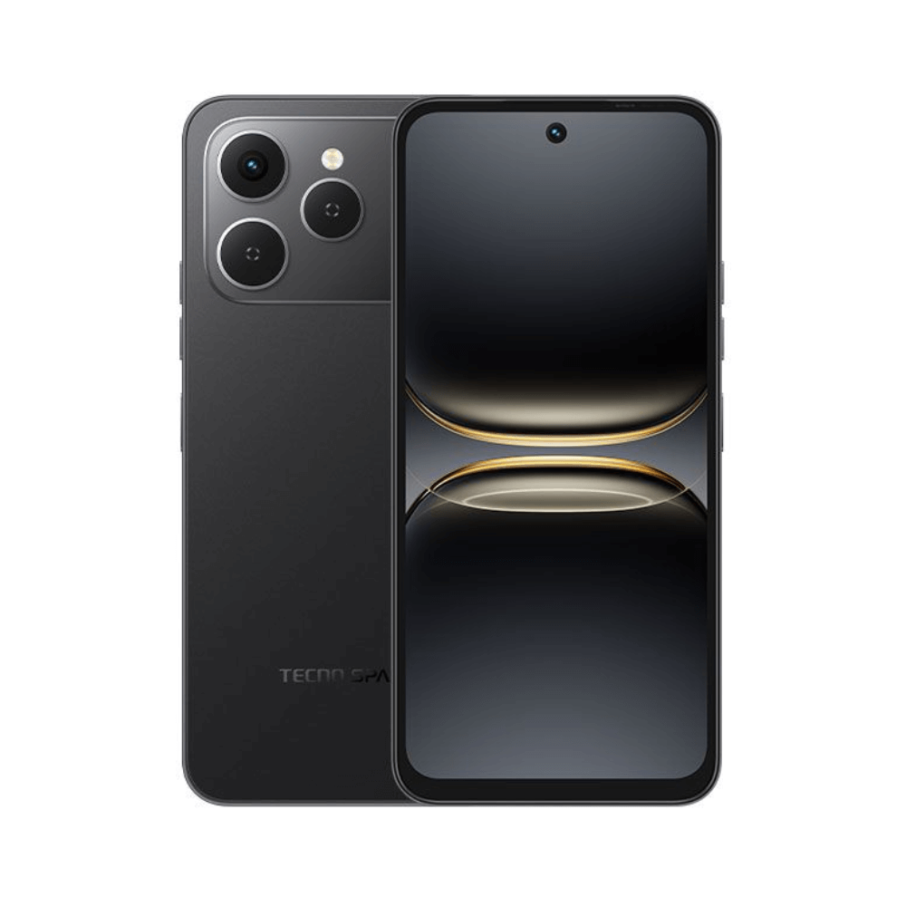 Black smartphone with a triple-camera module on the back and a full-bleed display.