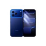 Blue Tecno smartphone shown from both front and back, featuring a triple-camera module on the rear and a large edge-to-edge display on the front.
