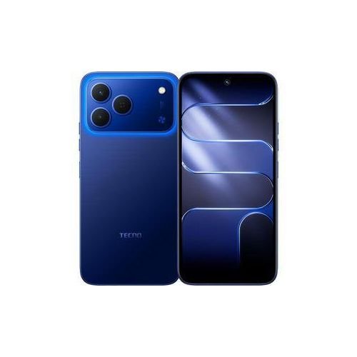 Blue Tecno smartphone shown from both front and back, featuring a triple-camera module on the rear and a large edge-to-edge display on the front.