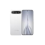 Two smartphones shown side by side: the left phone is white with a horizontal camera bar on the back; the right phone shows its front with a curved, abstract wallpaper.