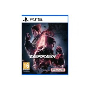 PS5 Tekken 8 game cover featuring two fighters in dynamic pose, with Tekken 8 logo and Bandai Namco branding and 16+ rating.