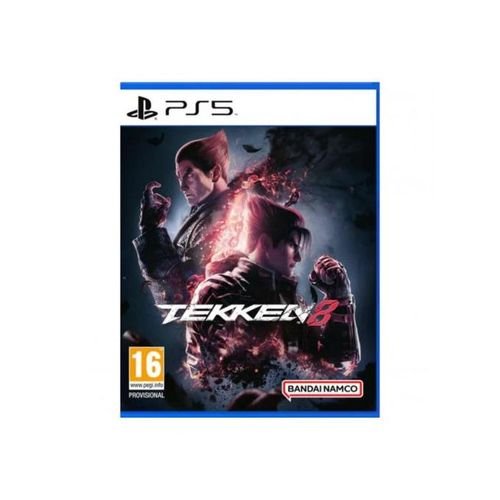 PS5 Tekken 8 game cover featuring two fighters in dynamic pose, with Tekken 8 logo and Bandai Namco branding and 16+ rating.