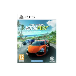 PS5 game cover for The Crew Motorfest showing a bright orange sports car on a coastal tropical road with palm trees and blue skies, Ubisoft logo in corner.