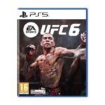 PS5 game case for UFC 6 by EA Sports, featuring a tattooed fighter raising his fists with a blue border and PEGI 16 rating