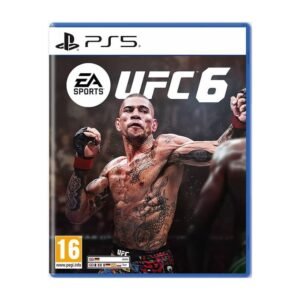 PS5 game case for UFC 6 by EA Sports, featuring a tattooed fighter raising his fists with a blue border and PEGI 16 rating