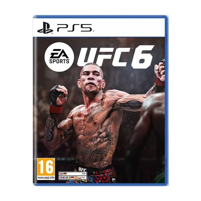 PS5 game case for UFC 6 by EA Sports, featuring a tattooed fighter raising his fists with a blue border and PEGI 16 rating