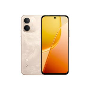 Back-and-front view of a gold Vivo smartphone: feather-like back finish with a dual-camera module in the top-left, and a tall edge-to-edge display with a centered punch-hole selfie camera.