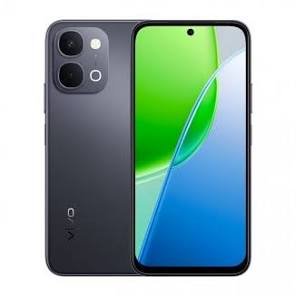 Front and back view of a dark gray Vivo smartphone; front shows green-blue wallpaper with a centered punch-hole, back features a quad-camera array in the top-left corner.