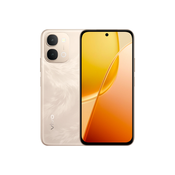 Back-and-front view of a gold Vivo smartphone: feather-like back finish with a dual-camera module in the top-left, and a tall edge-to-edge display with a centered punch-hole selfie camera.