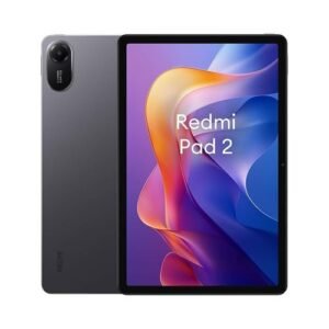 Front and back view of a Redmi Pad 2 tablet in gray, showing a large screen and a rear camera module on the back.