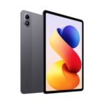 Tablet with dark gray back, dual rear cameras, and a large edge-to-edge display showing a colorful abstract wallpaper.