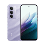 Purple smartphone with a triple-camera rear module and a small front-center punch-hole camera, shown from the back-left and a partial front view, on a black background.