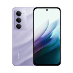 Purple smartphone with a triple-camera rear module and a small front-center punch-hole camera, shown from the back-left and a partial front view, on a black background.