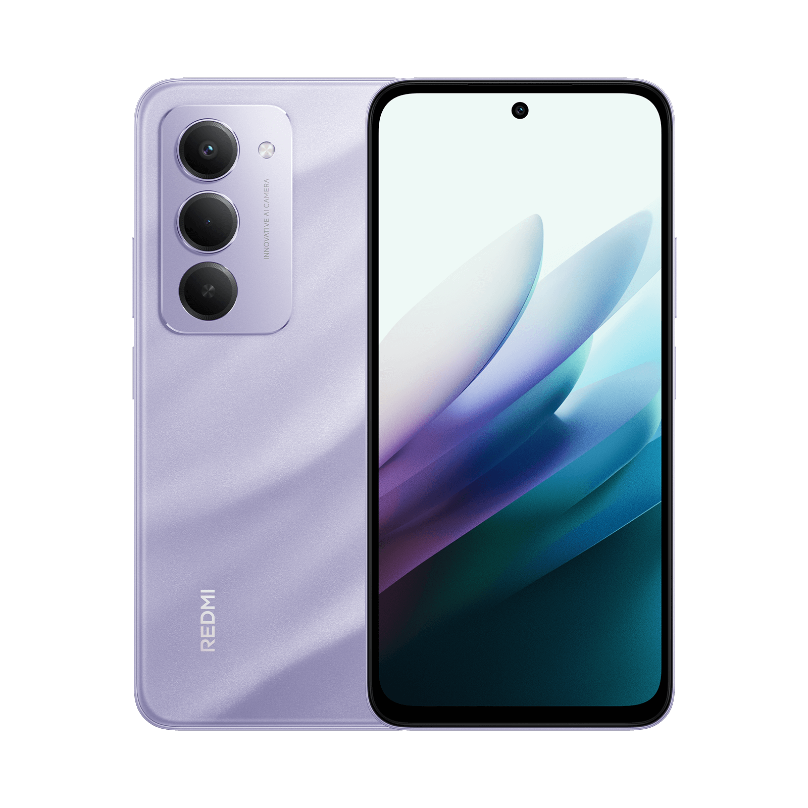 Purple smartphone with a triple-camera rear module and a small front-center punch-hole camera, shown from the back-left and a partial front view, on a black background.