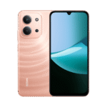 Rose-gold Redmi smartphone shown from back and front, dual-camera module and curved display edge visible.
