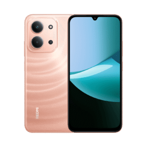 Rose-gold Redmi smartphone shown from back and front, dual-camera module and curved display edge visible.