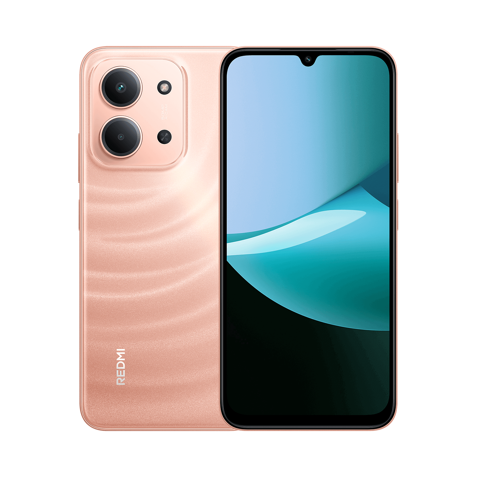 Rose-gold Redmi smartphone shown from back and front, dual-camera module and curved display edge visible.