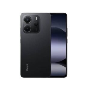 Back view of a black Redmi smartphone with a large triple-camera module and a visible edge screen.