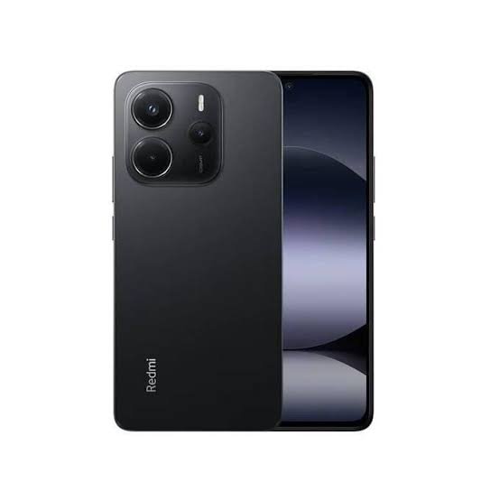 Back view of a black Redmi smartphone with a large triple-camera module and a visible edge screen.