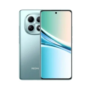 Blue Redmi smartphone shown from the front and back, featuring a curved edge display, centered punch‑hole front camera, and a quad‑camera rear module.