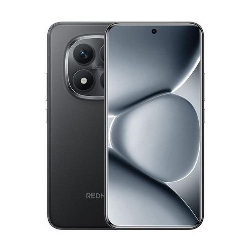 Front and back view of a dark gray Redmi smartphone with a large square multi‑lens camera on the rear.
