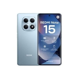 Front and back views of a blue Redmi Note 15 smartphone, showing the quad-camera module on the back and the display reading 'REDMI Note 15'.