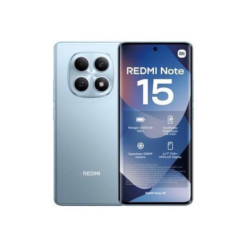 Front and back views of a blue Redmi Note 15 smartphone, showing the quad-camera module on the back and the display reading 'REDMI Note 15'.