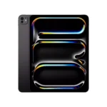 Close-up of a dark tablet or smartphone with a glossy black screen showing colorful curved lines and a gray edge on the left.