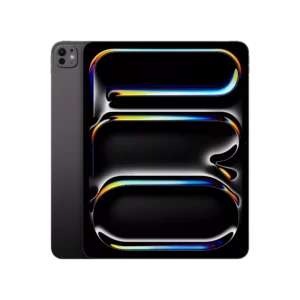 Close-up of a dark tablet or smartphone with a glossy black screen showing colorful curved lines and a gray edge on the left.