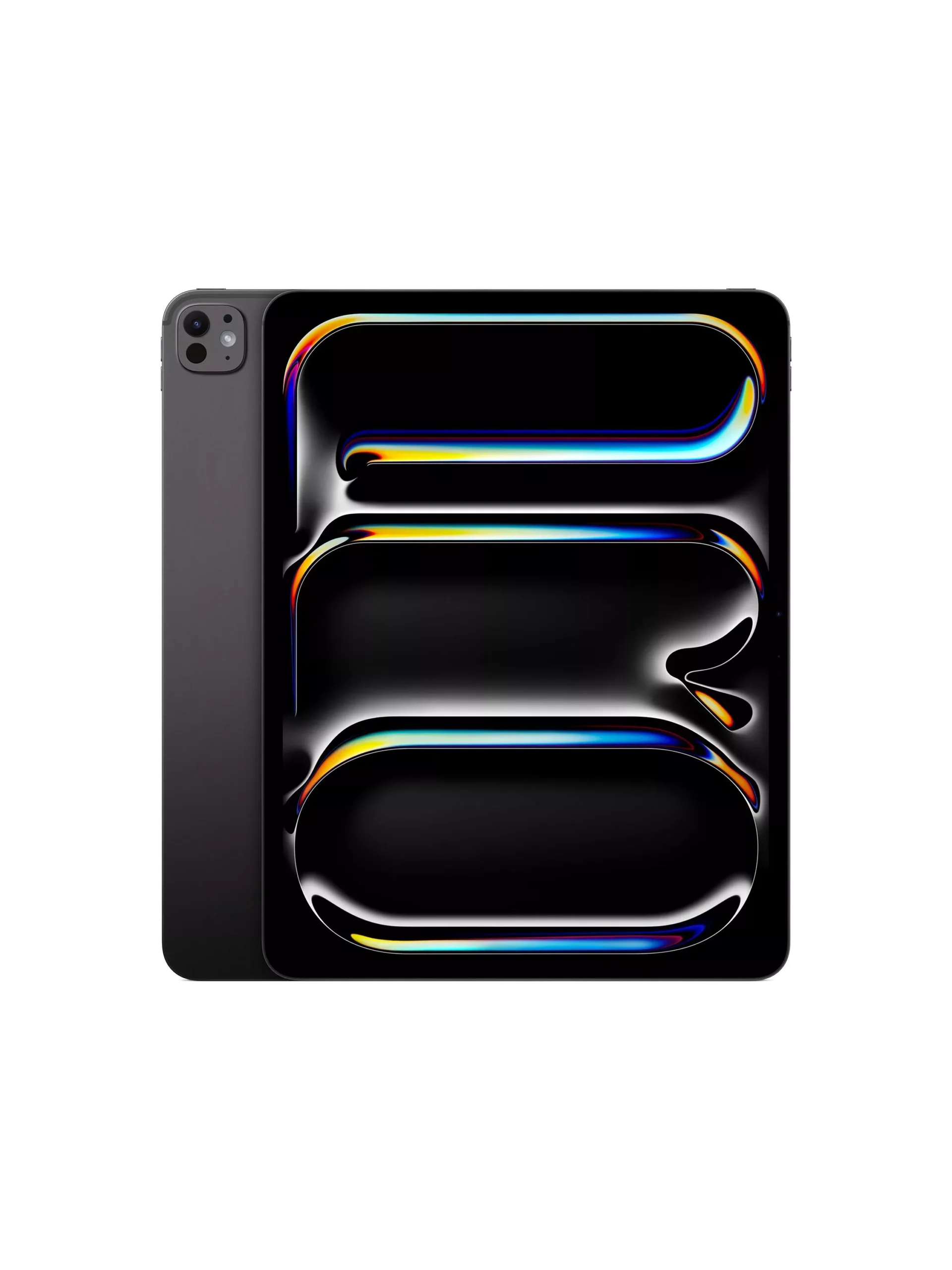 Close-up of a dark tablet or smartphone with a glossy black screen showing colorful curved lines and a gray edge on the left.