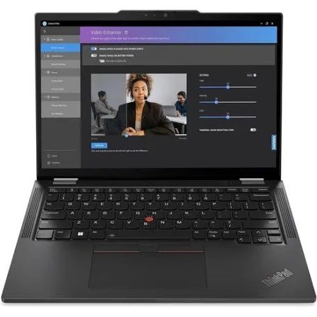 Open black ThinkPad laptop displaying a video enhancement software interface with a video preview and adjustment sliders on screen.