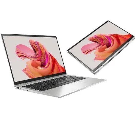 Two silver laptops with colorful abstract wallpaper; one is open, the other in tablet mode.